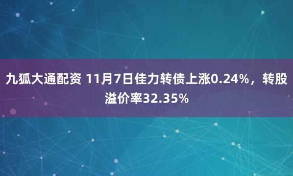 九狐大通配资 11月7日佳力转债上涨0.24%，转股溢价率32.35%